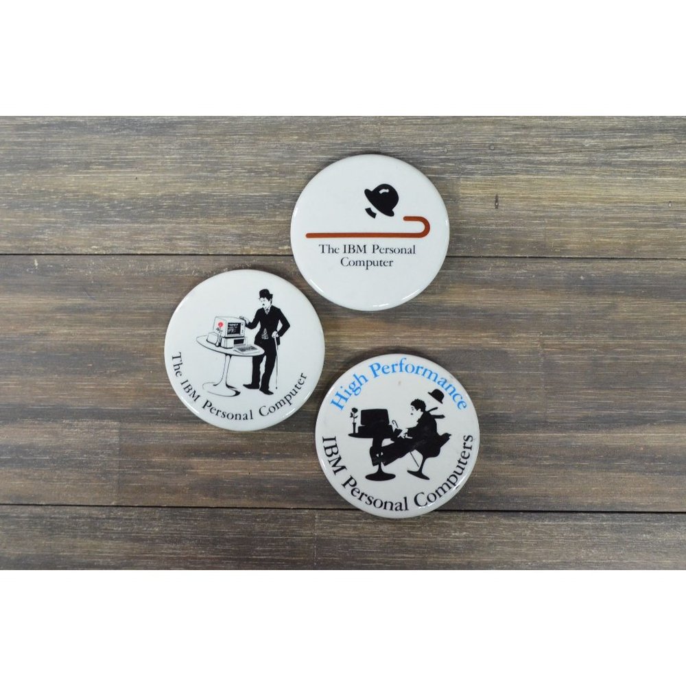 IBM Personal Computer Button Pin Lot of 3 Charlie Chaplin Bowler 1980's Vtg